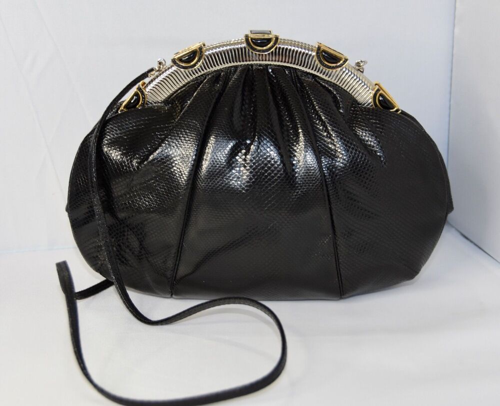 JUDITH LEIBER Designer Art Deco Black Onyx Karung Leather Clutch Shoulder Bag